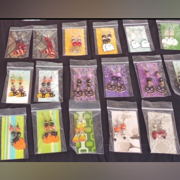 Halloween Earrings Vampire Fangs Witch Hats Cats Bats Moon Ghosts Handmade - Picture 3 of 10